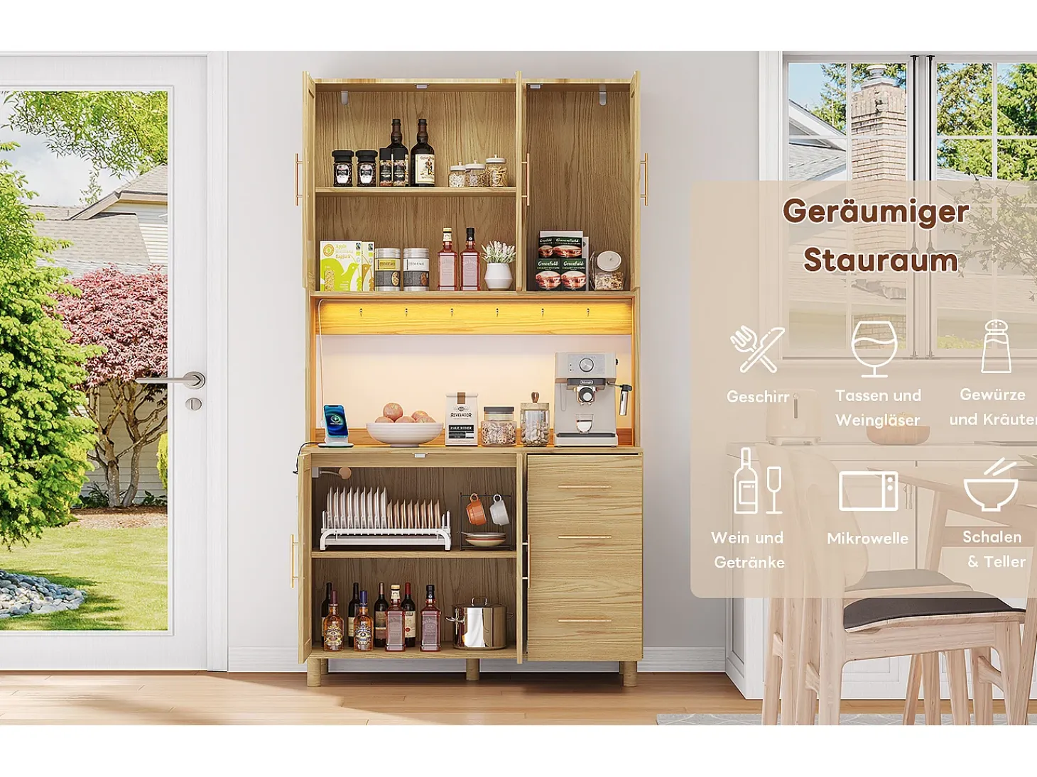 Aparador con LED RGB, 2 USB, 2 enchufes, 3 cajones, 183 cm, Madera (183x40x100 cm)