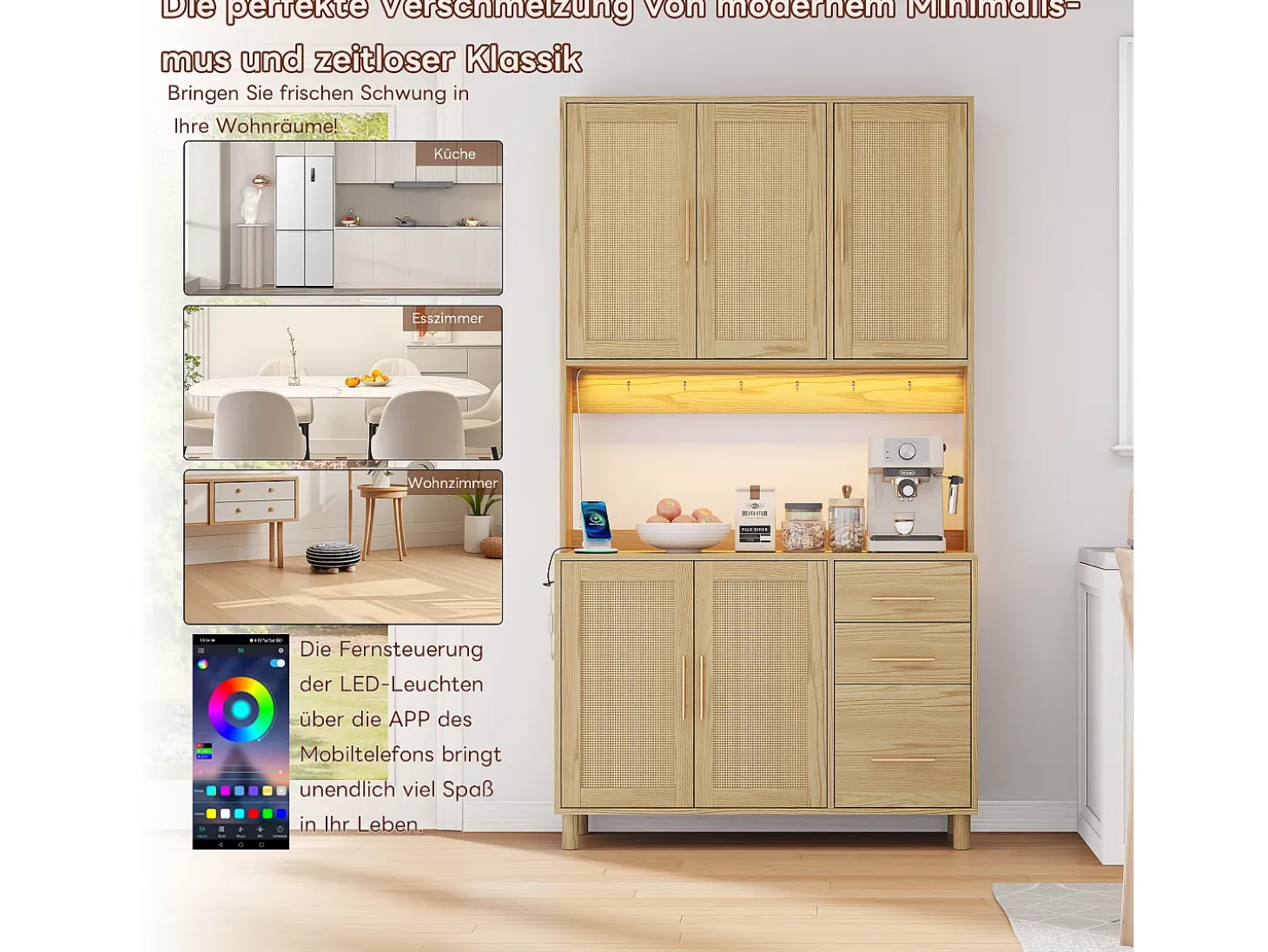 Aparador con LED RGB, 2 USB, 2 enchufes, 3 cajones, 183 cm, Madera (183x40x100 cm)