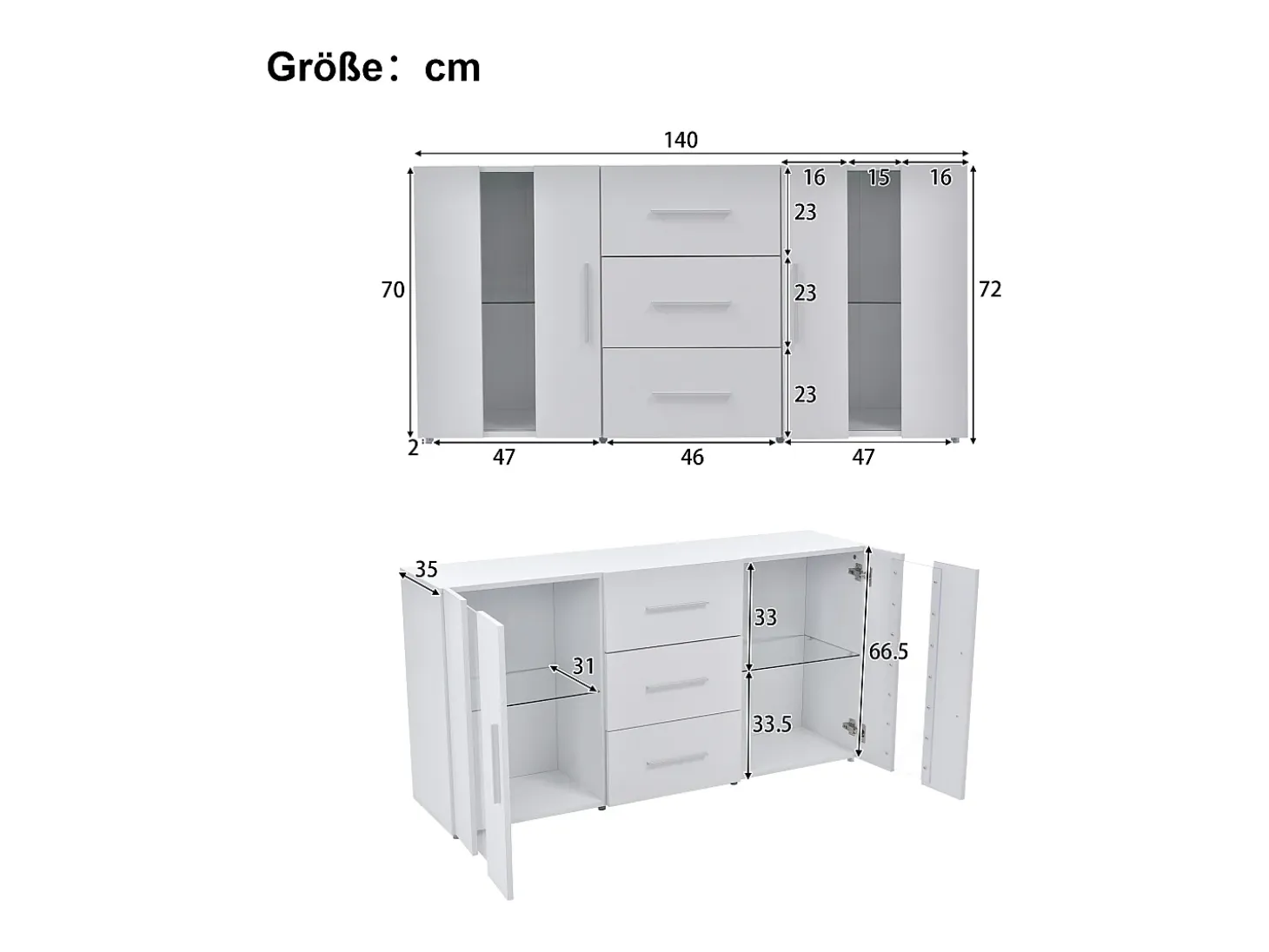 Aparador con luces LED, 2 puertas y 3 cajones - Madera MDF - Blanco