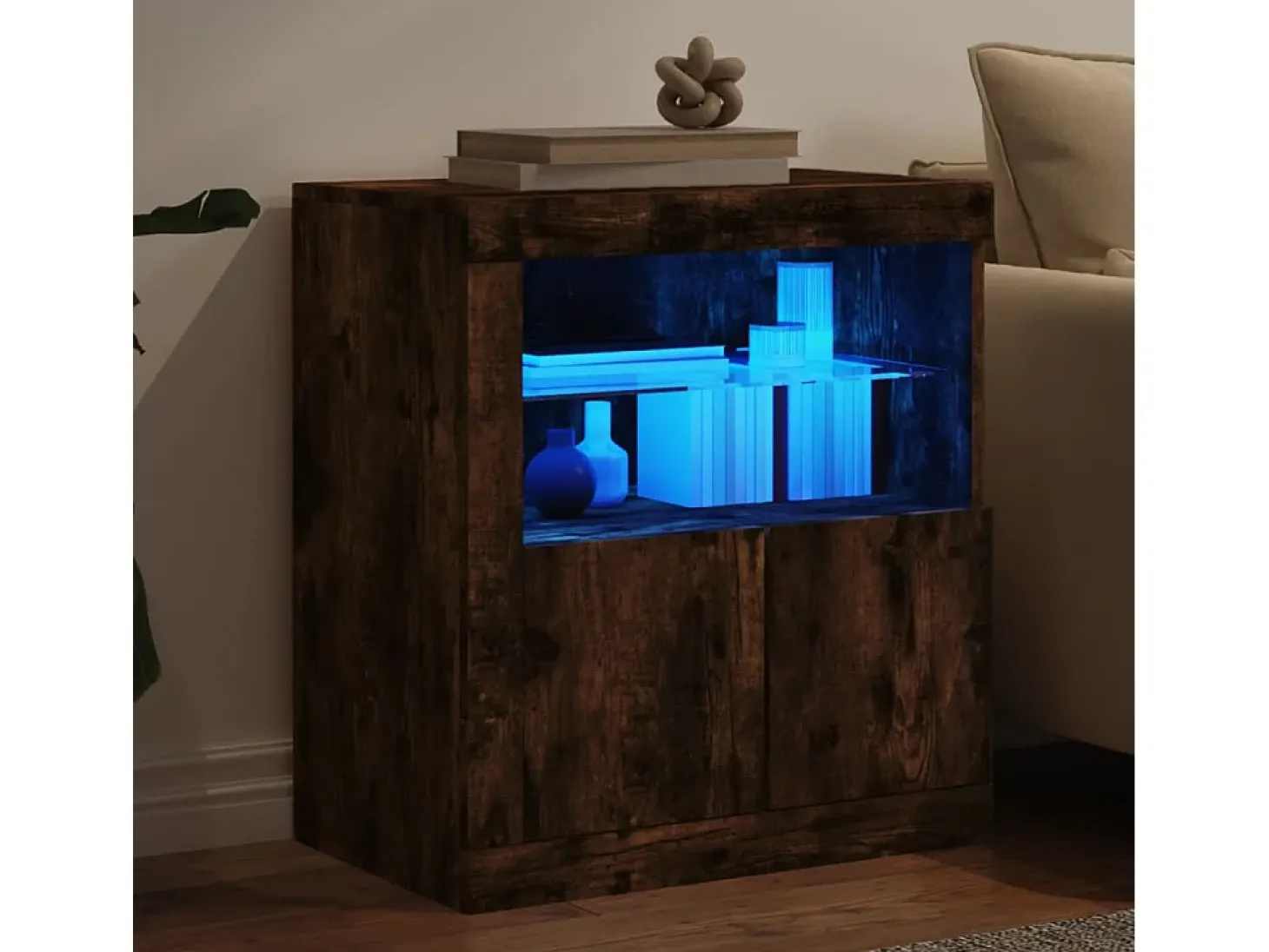 Aparador con luces LED roble ahumado 60,5x37x67 cm