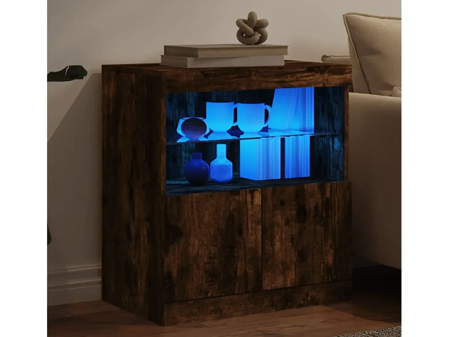 Aparador con luces LED roble ahumado 60x37x67 cm