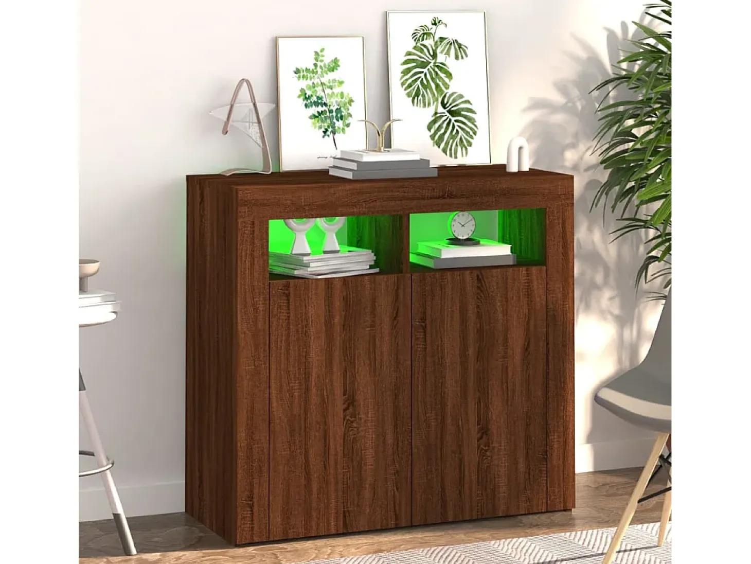 Aparador con luces LED roble ahumado 80x35x75 cm ES82578
