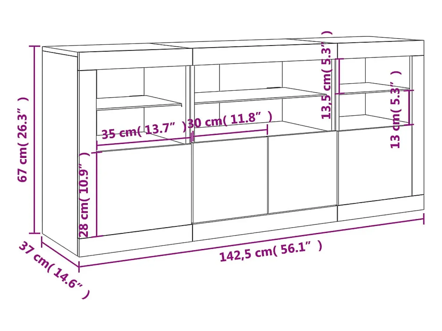 Aparador con luces LED roble Sonoma 142,5x37x67 cm