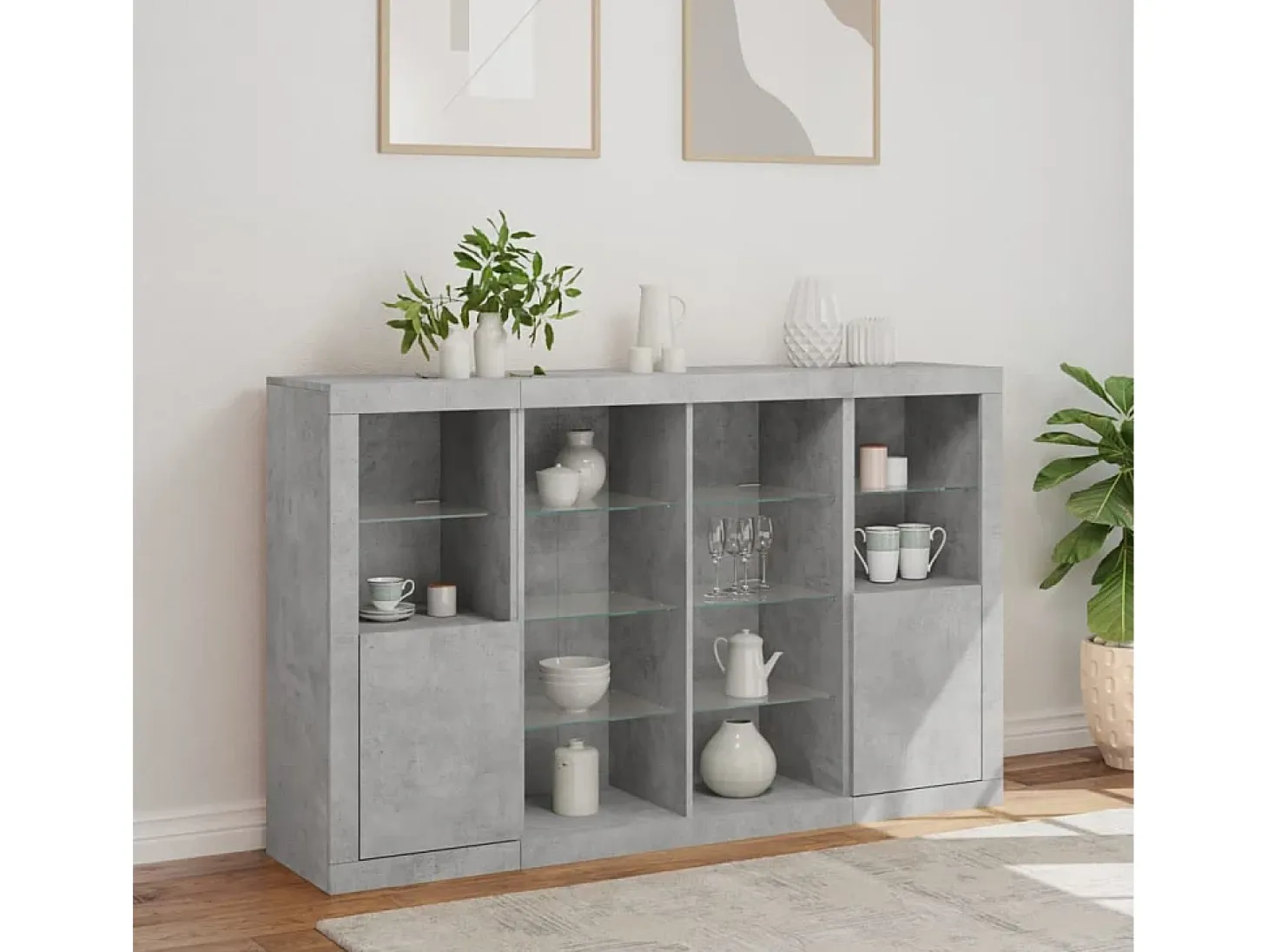 Aparador con luz LED 3 piezas madera de ingeniería gris hormigón