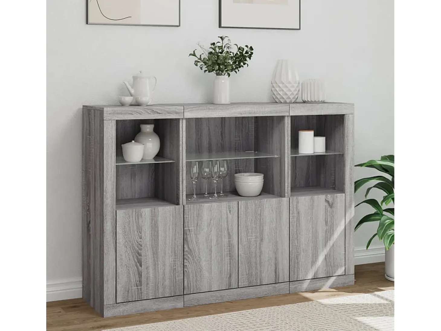 Aparador con luz LED 3 pzas madera de ingeniería gris Sonoma