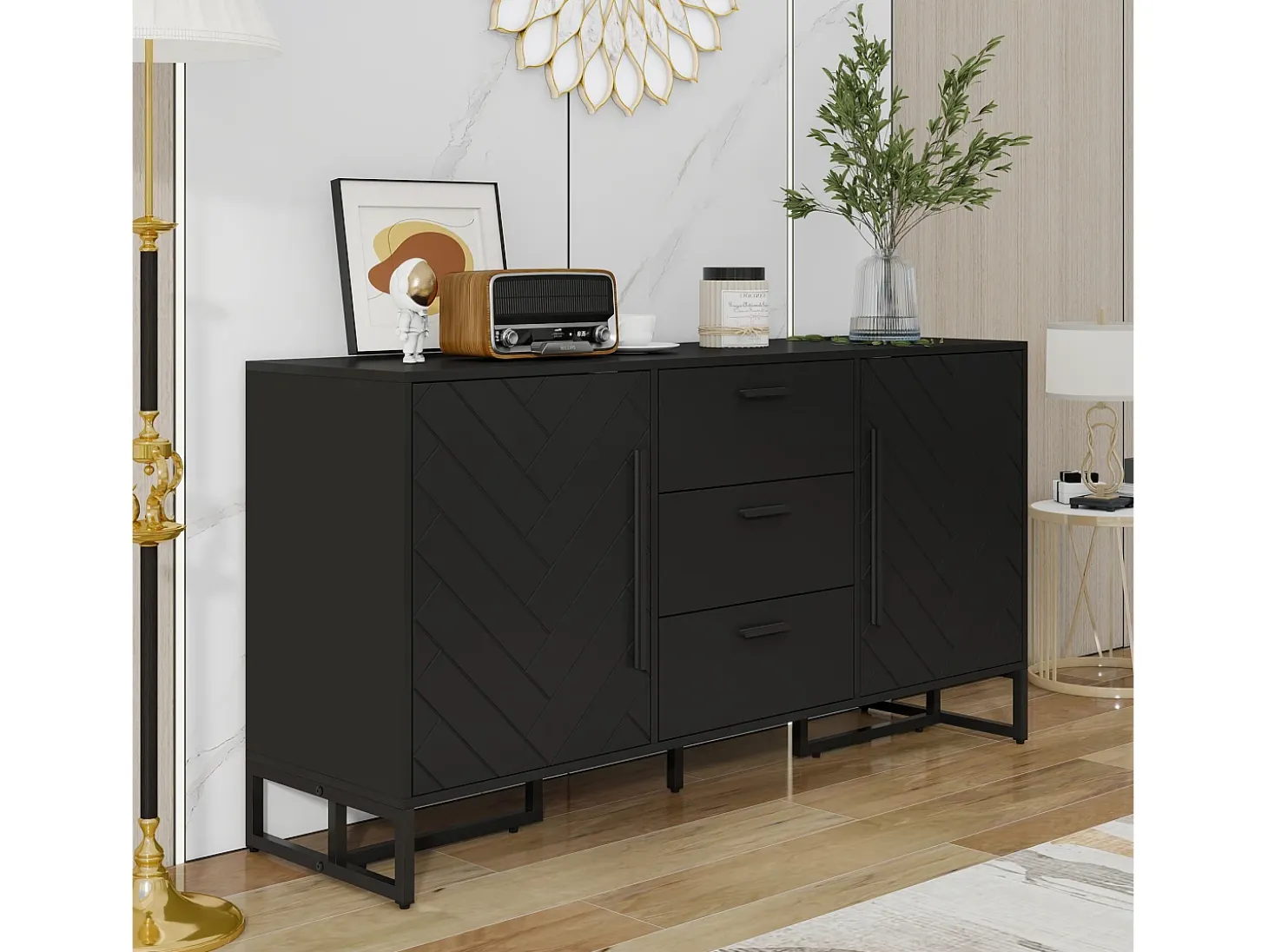 Aparador con puertas chevron, 2 puertas y 3 cajones, MDF, negro (145x40x75 cm)