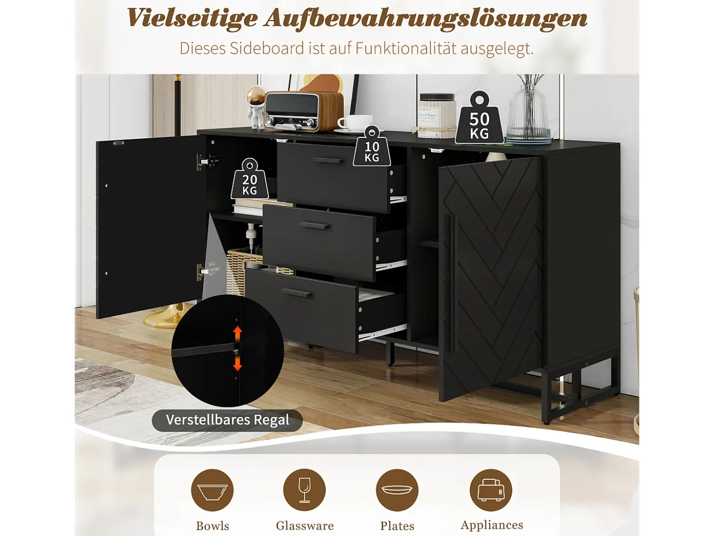 Aparador con puertas chevron, 2 puertas y 3 cajones, MDF, negro (145x40x75 cm)