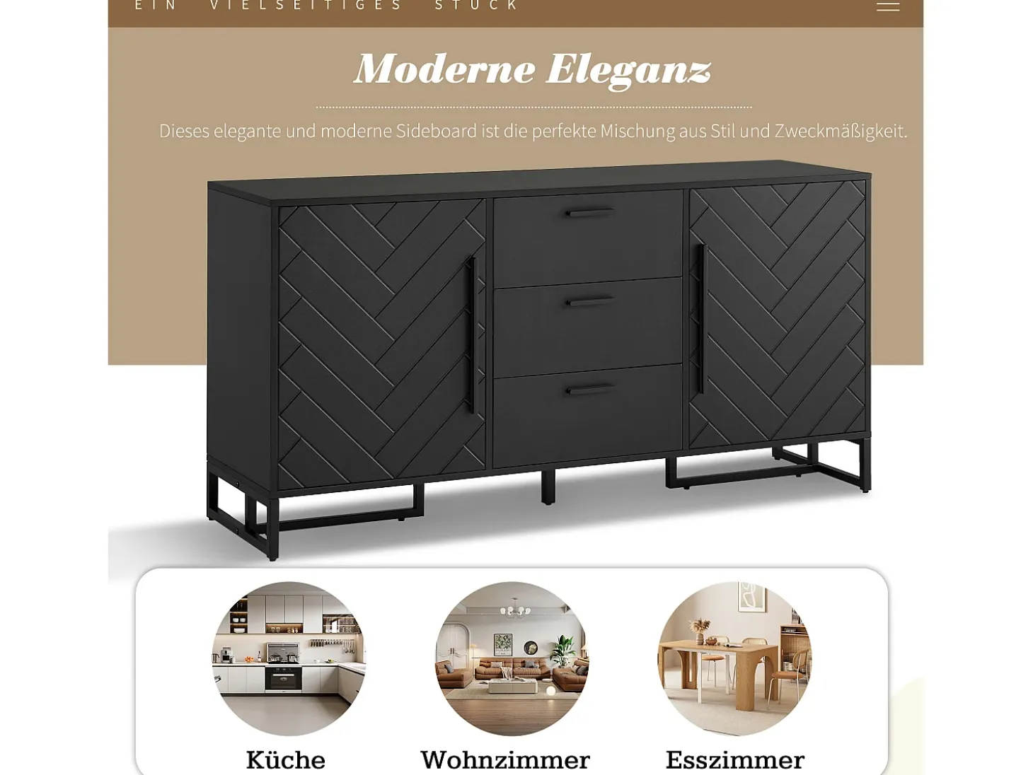 Aparador con puertas chevron, 2 puertas y 3 cajones, MDF, negro (145x40x75 cm)
