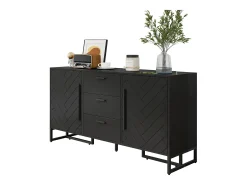 Aparador con puertas chevron, 2 puertas y 3 cajones, MDF, negro (145x40x75 cm)