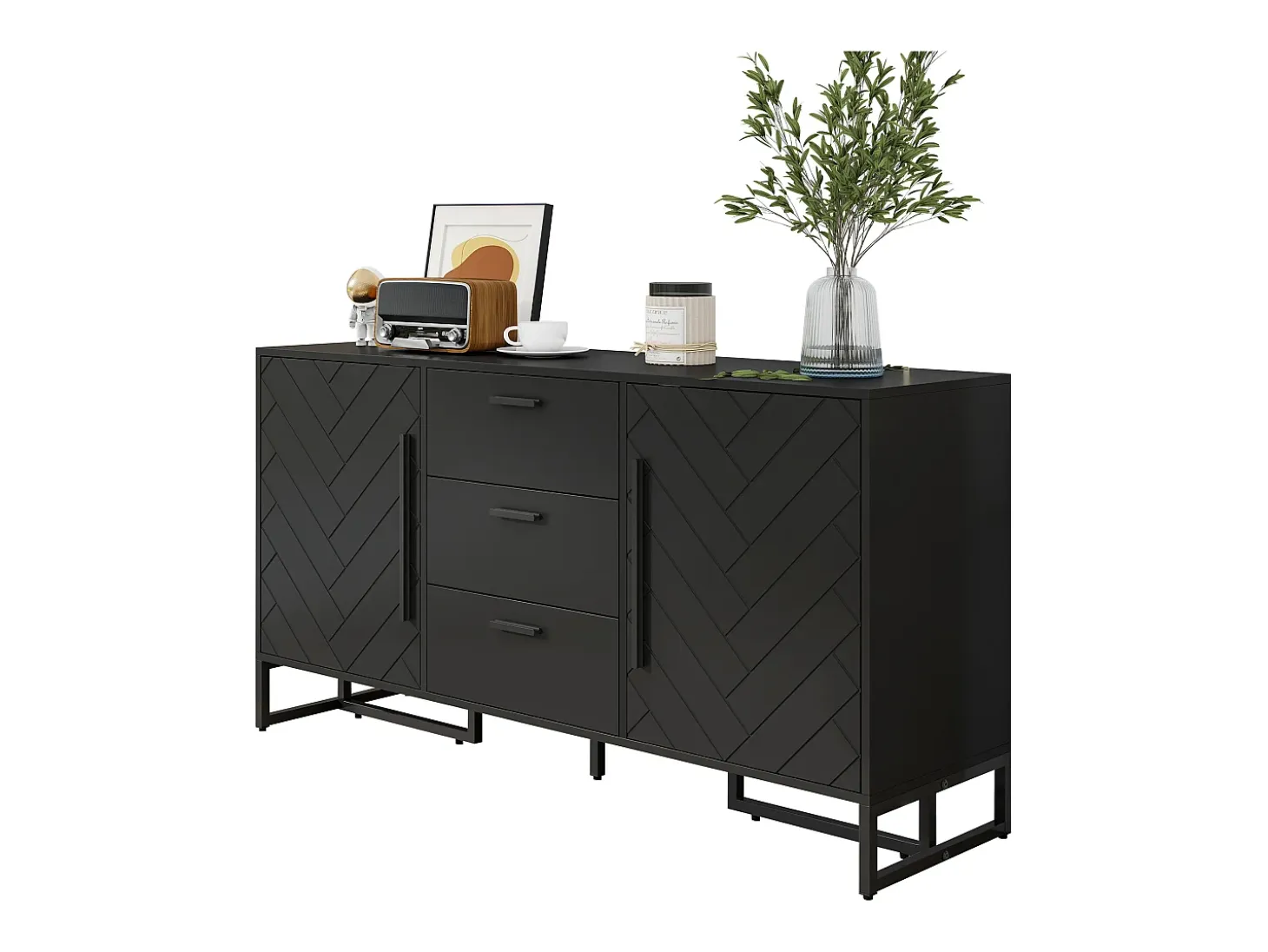 Aparador con puertas chevron, 2 puertas y 3 cajones, MDF, negro (145x40x75 cm)