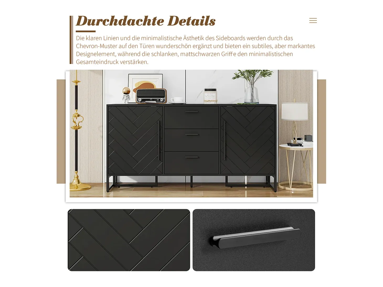 Aparador con puertas chevron, 2 puertas y 3 cajones, MDF, negro (145x40x75 cm)