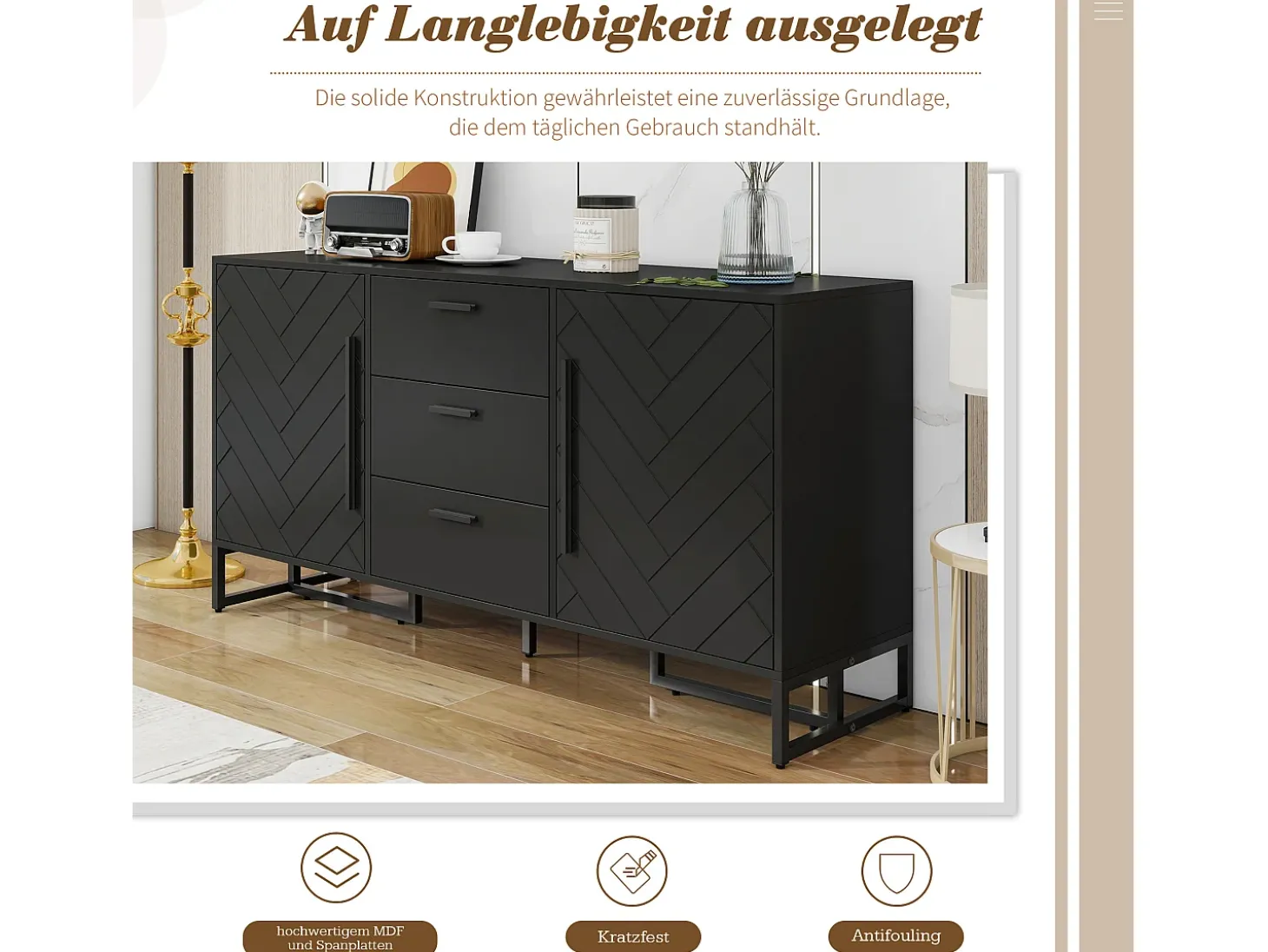 Aparador con puertas chevron, 2 puertas y 3 cajones, MDF, negro (145x40x75 cm)
