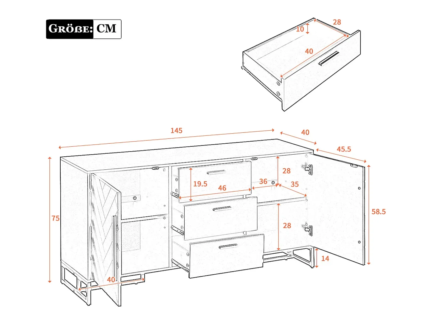 Aparador con puertas chevron, 2 puertas y 3 cajones, MDF, negro (145x40x75 cm)