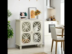 Aparador con puertas de cristal, mueble de almacenaje retro moderno, color crema.