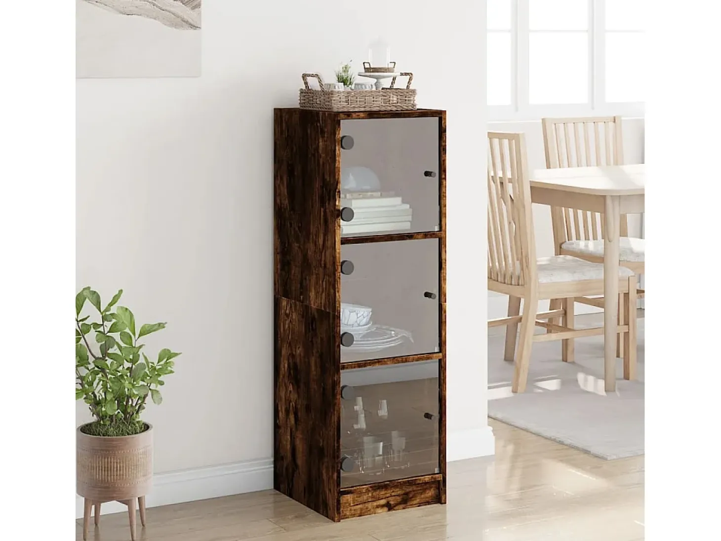 Aparador con puertas de cristal roble ahumado 35x37x109 cm