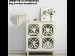 Aparador con puertas y cristal templado, MDF, color crema (80x38x87 cm)