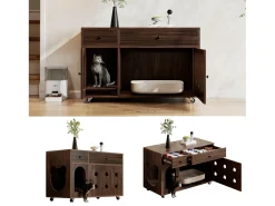 Aparador con ruedas - 100 x 45 x 66 cm - con arenero extraíble + aislamiento de olores - MDF - marrón oscuro