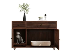 Aparador con ruedas - 100 x 45 x 66 cm - con arenero extraíble + aislamiento de olores - MDF - marrón oscuro