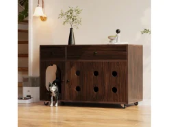 Aparador con ruedas - 100 x 45 x 66 cm - con arenero extraíble + aislamiento de olores - MDF - marrón oscuro