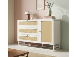 Aparador con tiradores de ratán y oro - con 3 cajones y 1 puerta - 120 x 40 x 85 cm - madera + metal - blanco