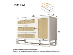 Aparador con tiradores de ratán y oro - con 3 cajones y 1 puerta - 120 x 40 x 85 cm - madera + metal - blanco