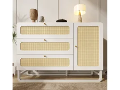 Aparador con tiradores de ratán y oro - con 3 cajones y 1 puerta - 120 x 40 x 85 cm - madera + metal - blanco