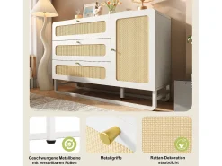 Aparador con tiradores de ratán y oro - con 3 cajones y 1 puerta - 120 x 40 x 85 cm - madera + metal - blanco