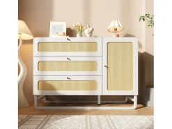 Aparador con tiradores de ratán y oro - con 3 cajones y 1 puerta - 120 x 40 x 85 cm - madera + metal - blanco