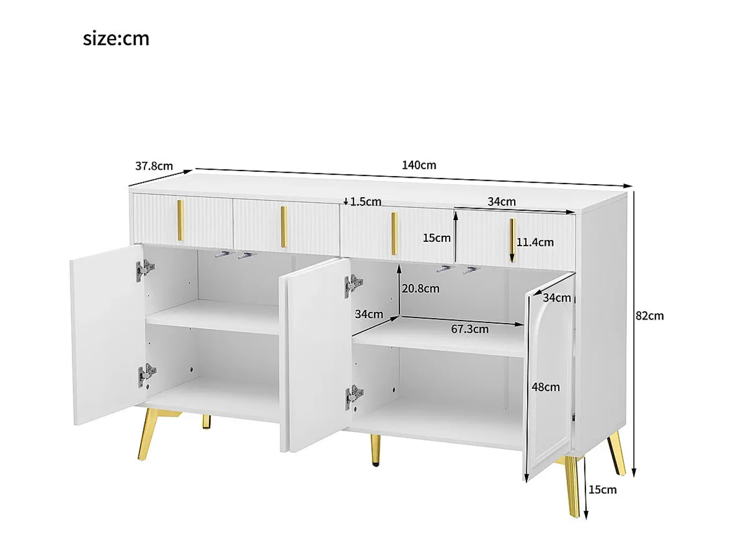 Aparador con tiradores y patas dorados, 4 puertas, 4 cajones, con laminado extraíble, adecuado para salón y comedor, 140*37,8*82 cm.