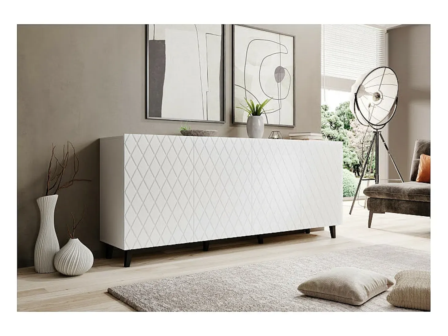 Aparador contemporáneo blanco mate de 200 cm con frente de diseño Kali