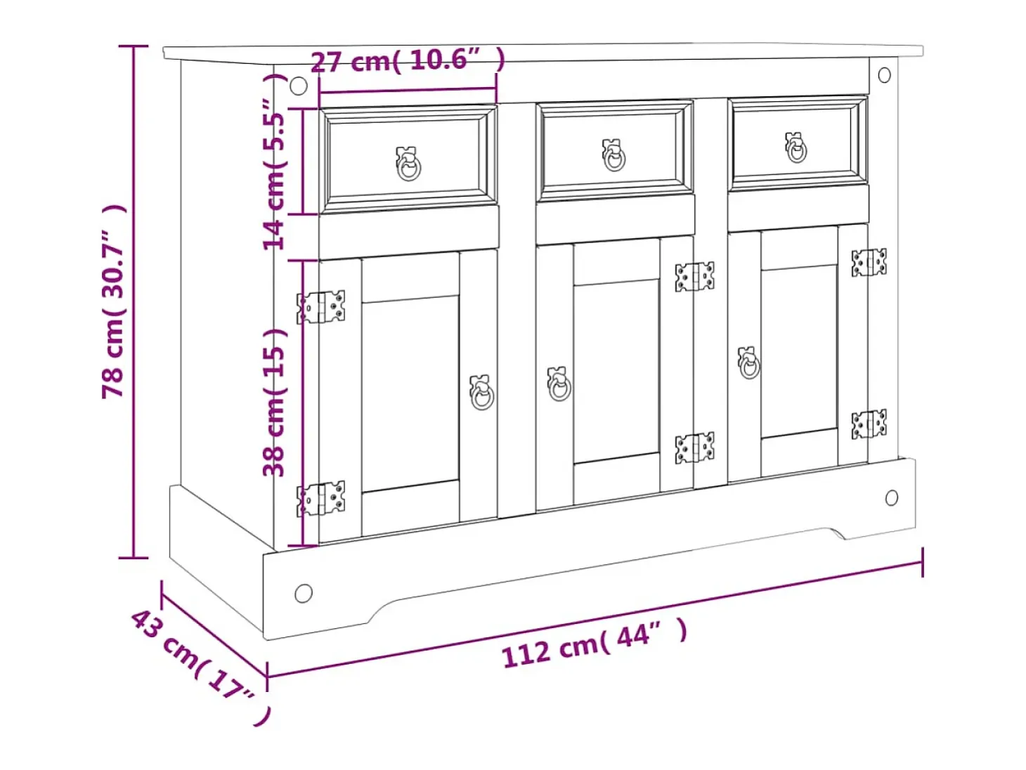 Aparador Corona madera maciza de pino gris 112x43x78 cm