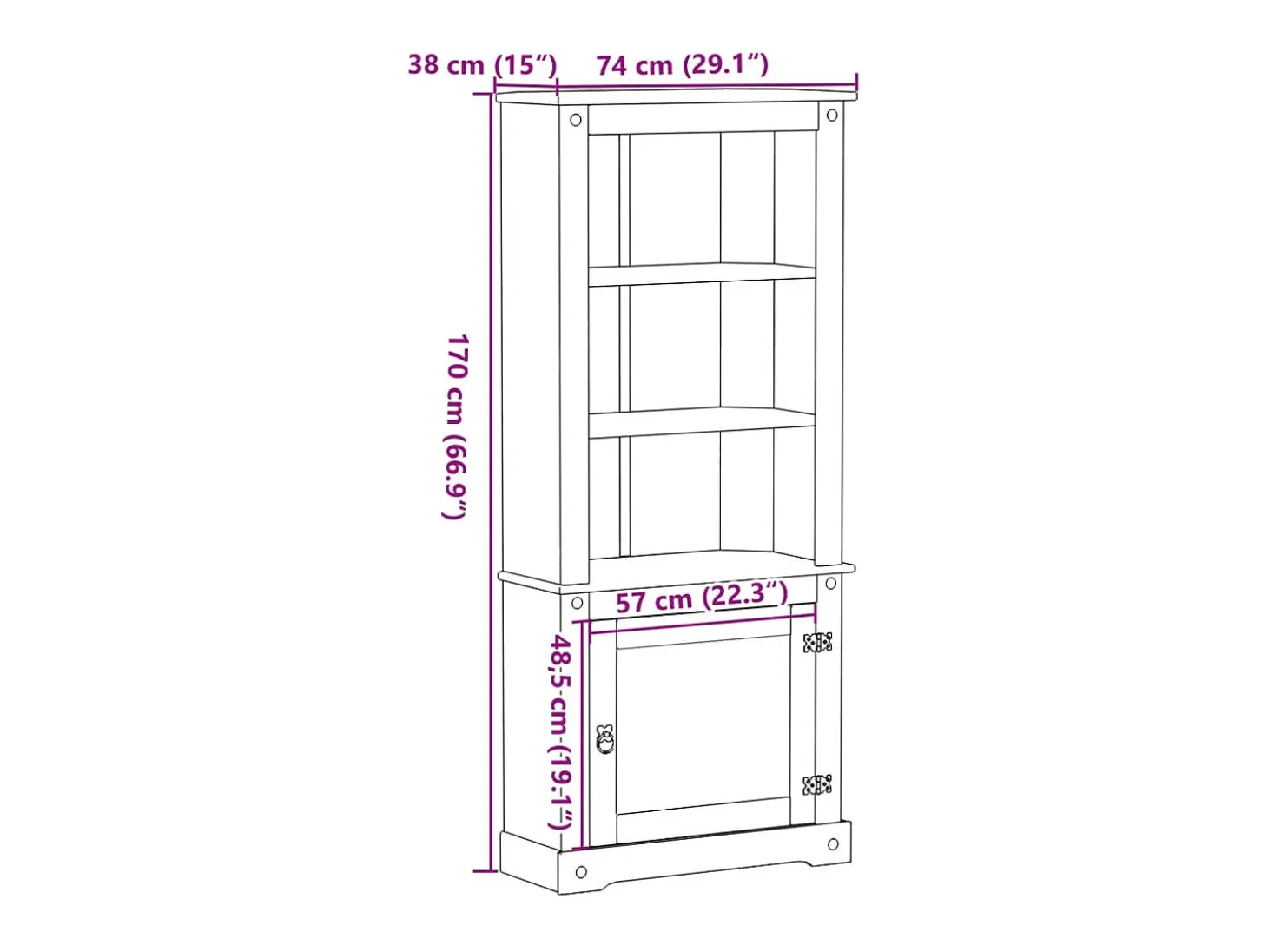Aparador Corona madera maciza de pino 74x38x170 cm