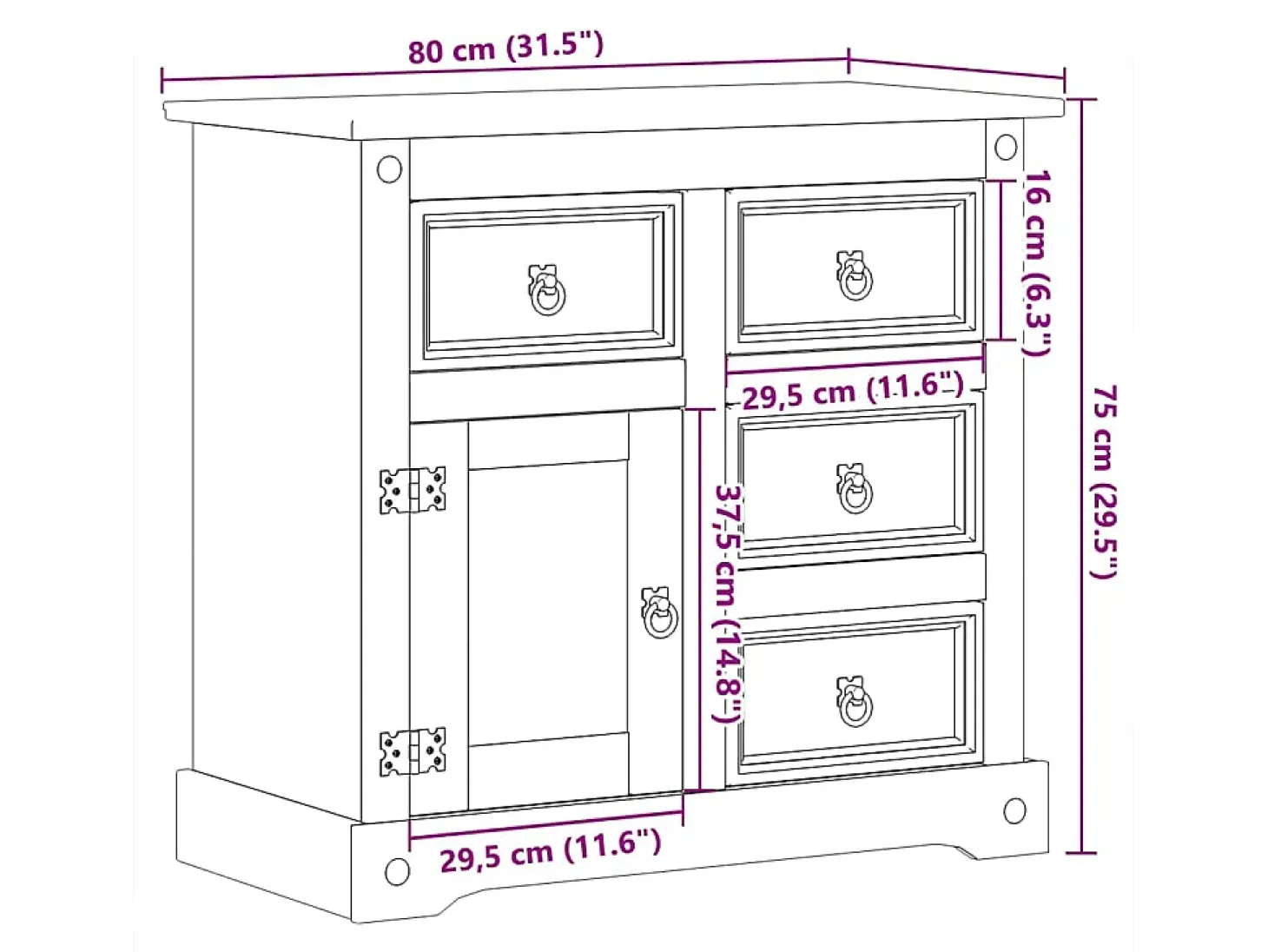 Aparador Corona madera maciza de pino 80x40x75 cm