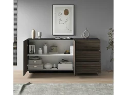 Aparador Coste con 2 puertas y 3 cajones, color antracita mate y madera oscura, 180 x 43 x 86 cm