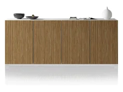 Aparador Coste con 4 puertas efecto cannetè blanco mate y madera clara 200x43x86 cm