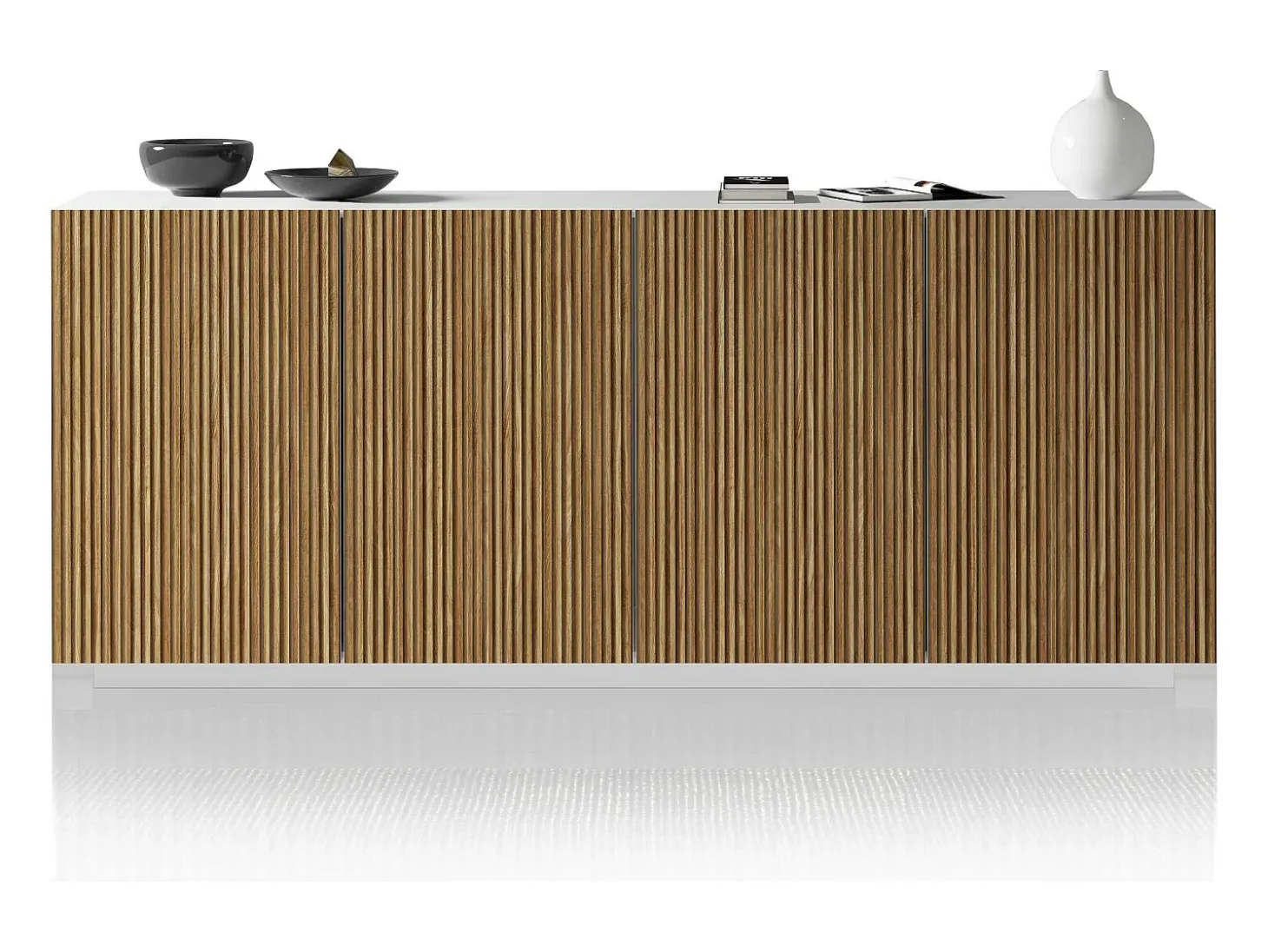 Aparador Coste con 4 puertas efecto cannetè blanco mate y madera clara 200x43x86 cm