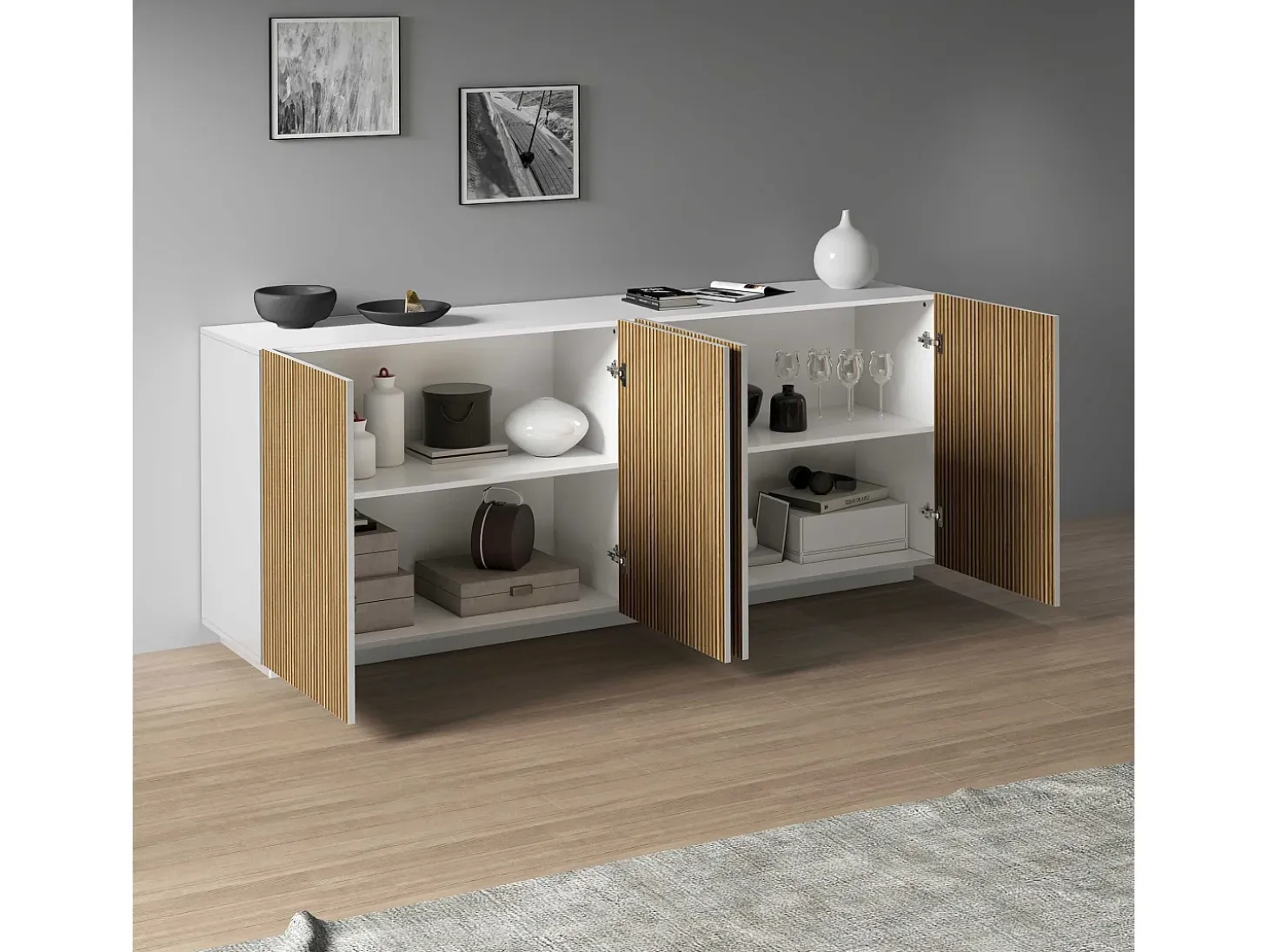 Aparador Coste con 4 puertas efecto cannetè blanco mate y madera clara 200x43x86 cm