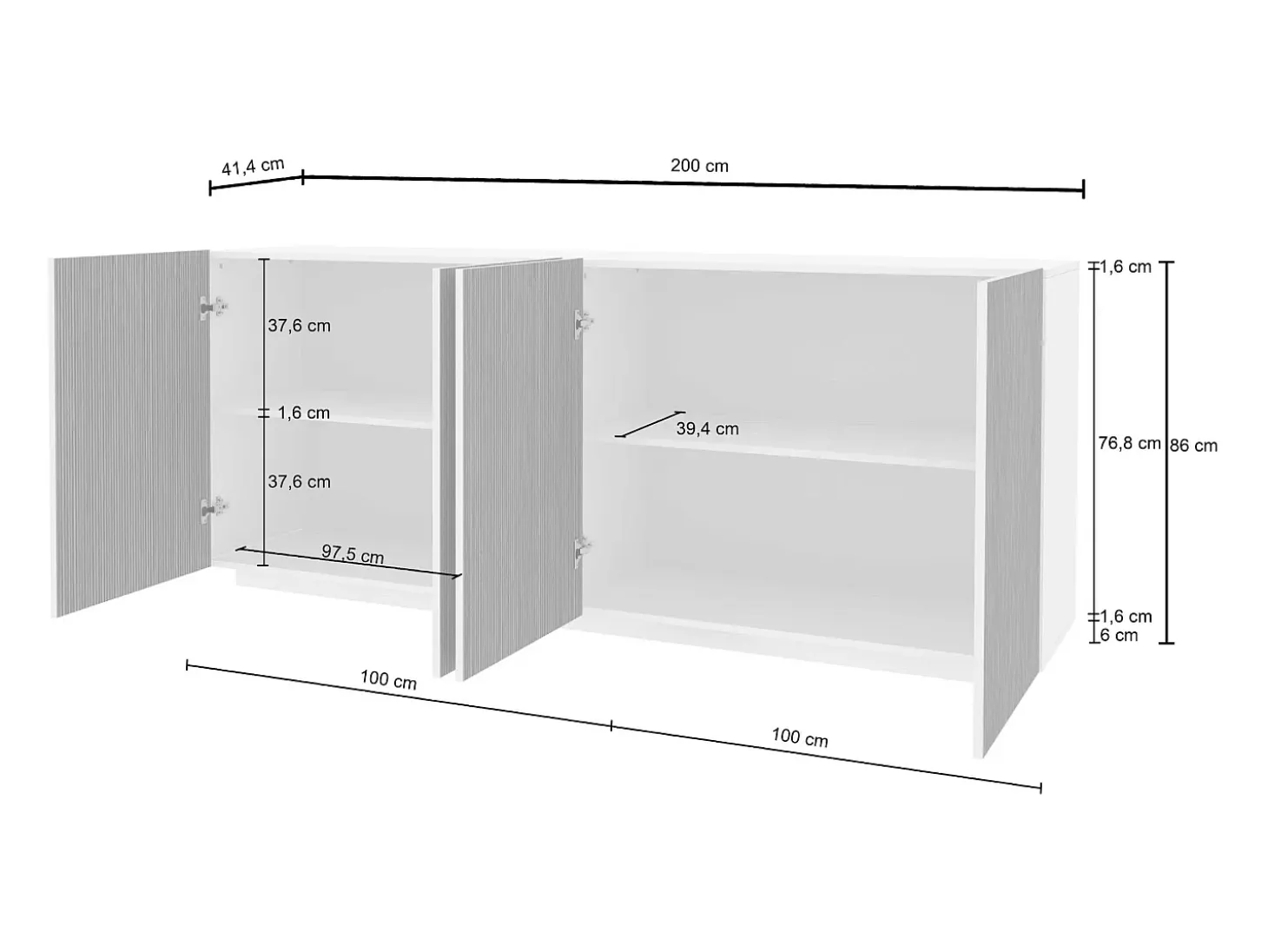 Aparador Coste con 4 puertas efecto cannetè blanco mate y madera clara 200x43x86 cm