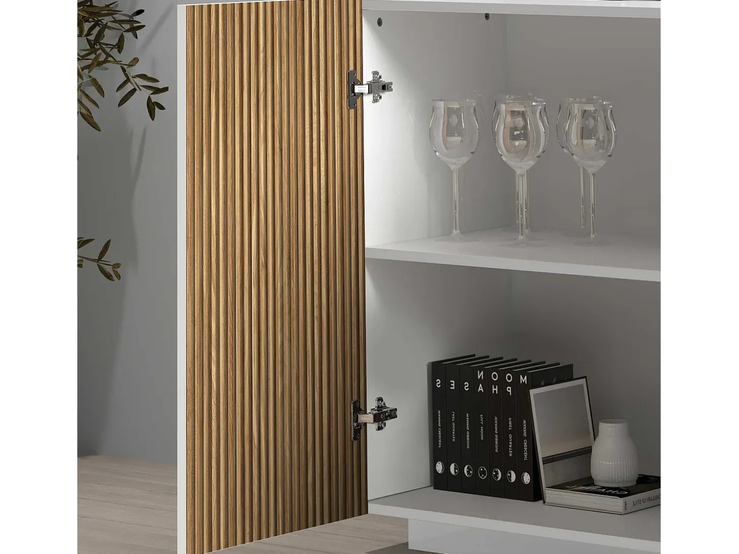 Aparador Coste con 4 puertas efecto cannetè blanco mate y madera clara 200x43x86 cm