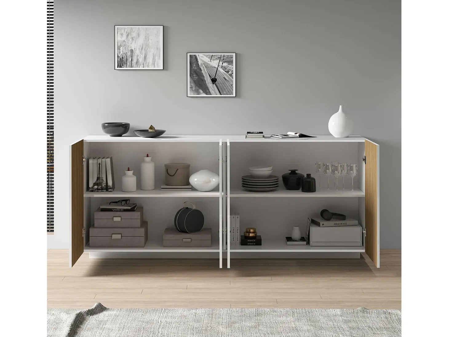 Aparador Coste con 4 puertas efecto cannetè blanco mate y madera clara 200x43x86 cm