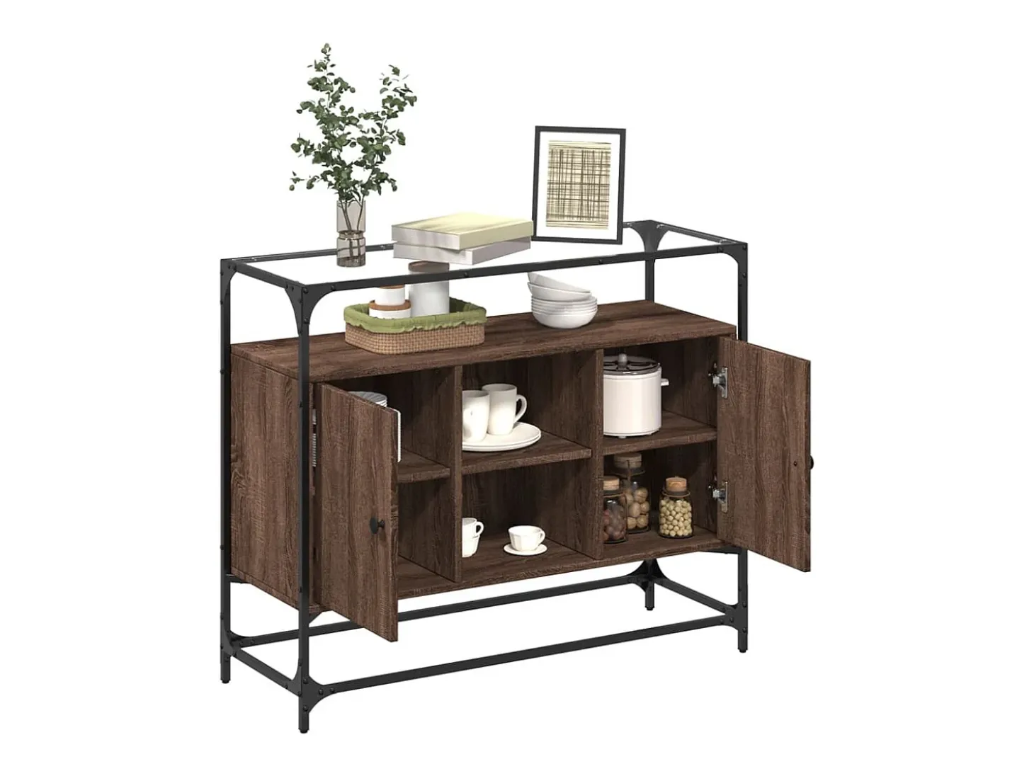 Aparador cristal y madera ingeniería marrón roble 98x35x81 cm