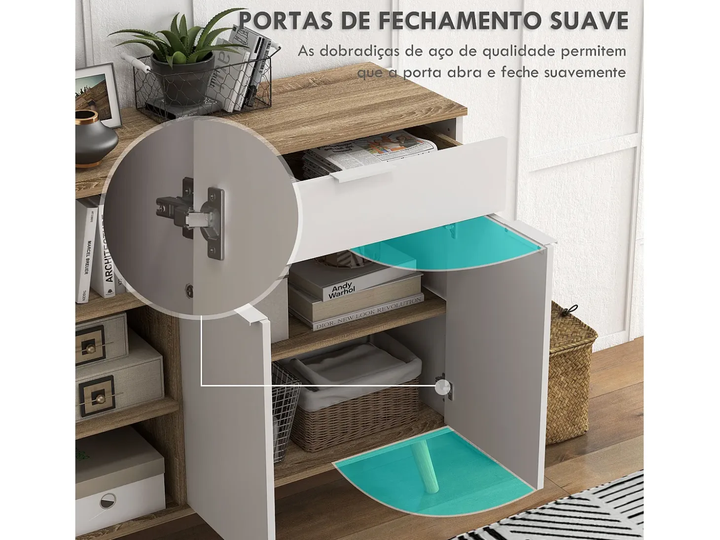 Aparador Dalvik Homcom con cajón + 3 estantes + armario blanco/natural 85x95x35 cm
