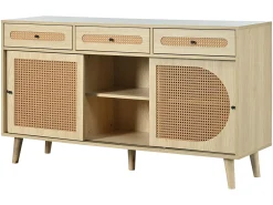 Aparador de 140 cm con 3 puertas correderas de ratán y 3 cajones - estantes interiores regulables - Natural