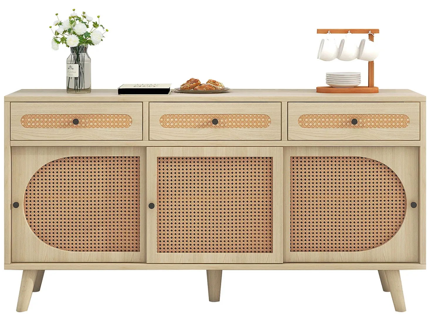 Aparador de 140 cm con 3 puertas correderas de ratán y 3 cajones - estantes interiores regulables - Natural