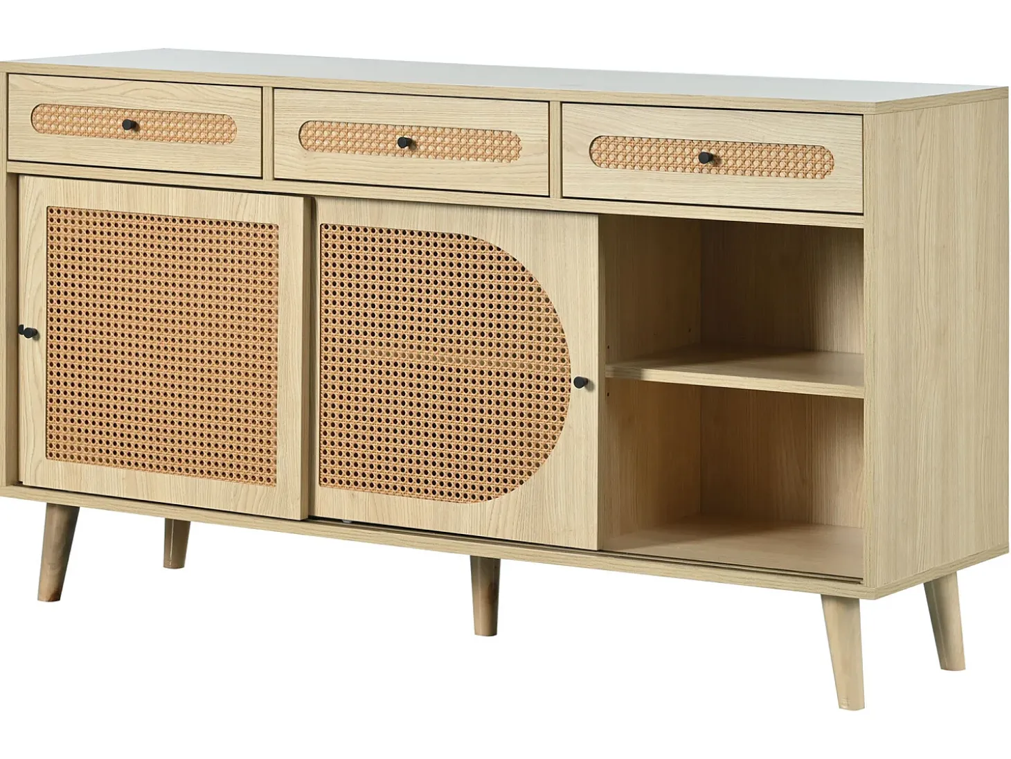 Aparador de 140 cm con 3 puertas correderas de ratán y 3 cajones - estantes interiores regulables - Natural