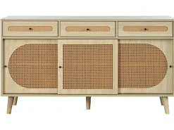 Aparador de 140 cm con 3 puertas correderas de ratán y 3 cajones - estantes interiores regulables - Natural