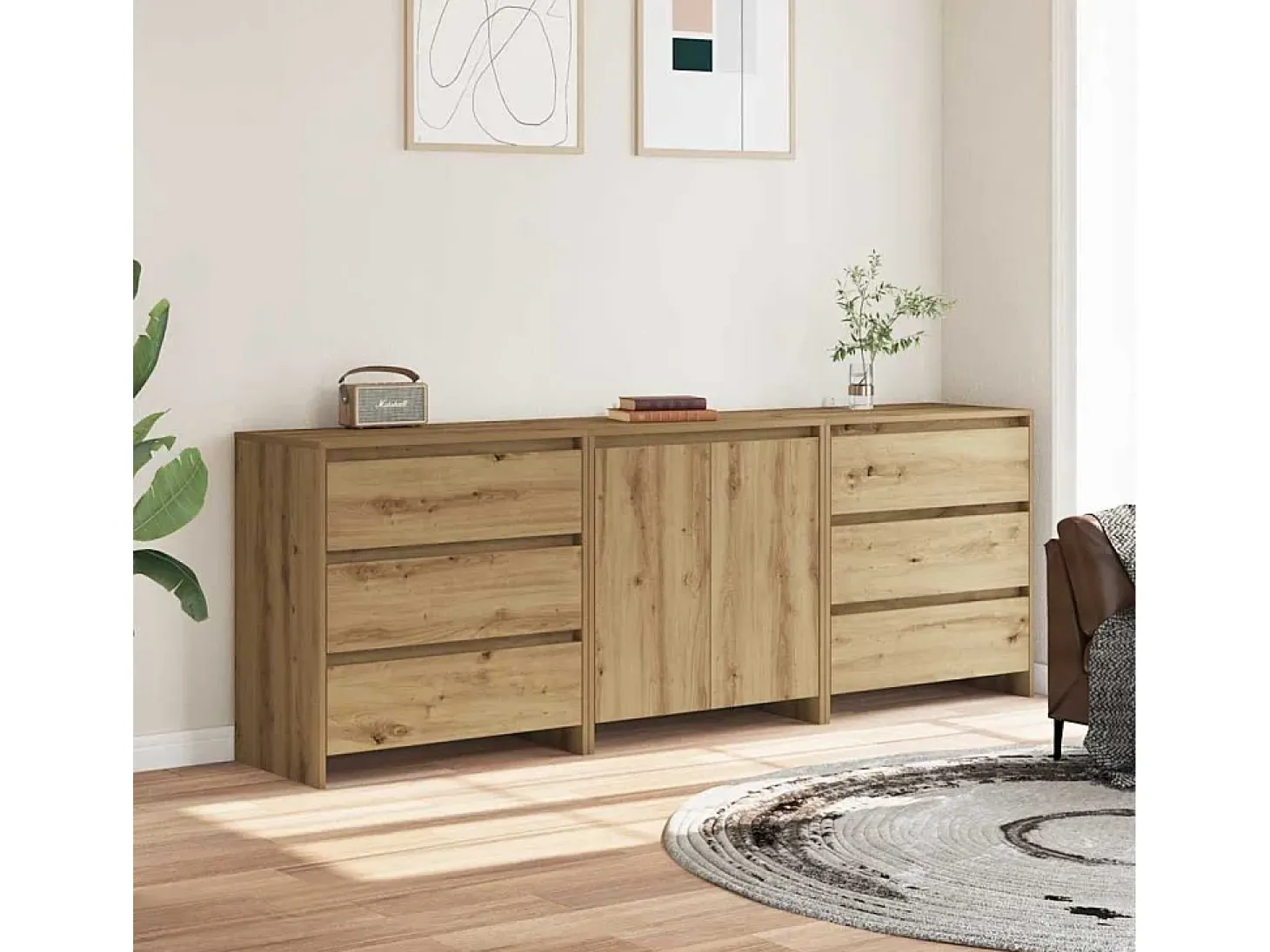 Aparador de 3 piezas, roble hecho a mano, madera de ingeniería