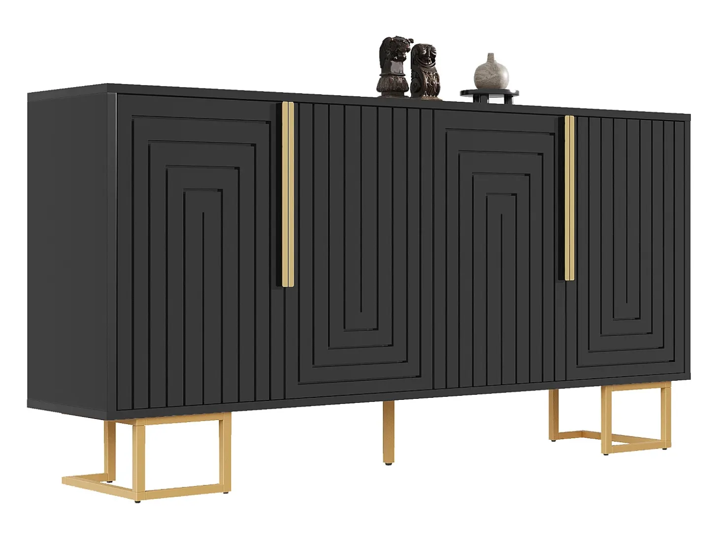 Aparador de 4 puertas - Aparador con tiradores y patas dorados - negro - para comedor
