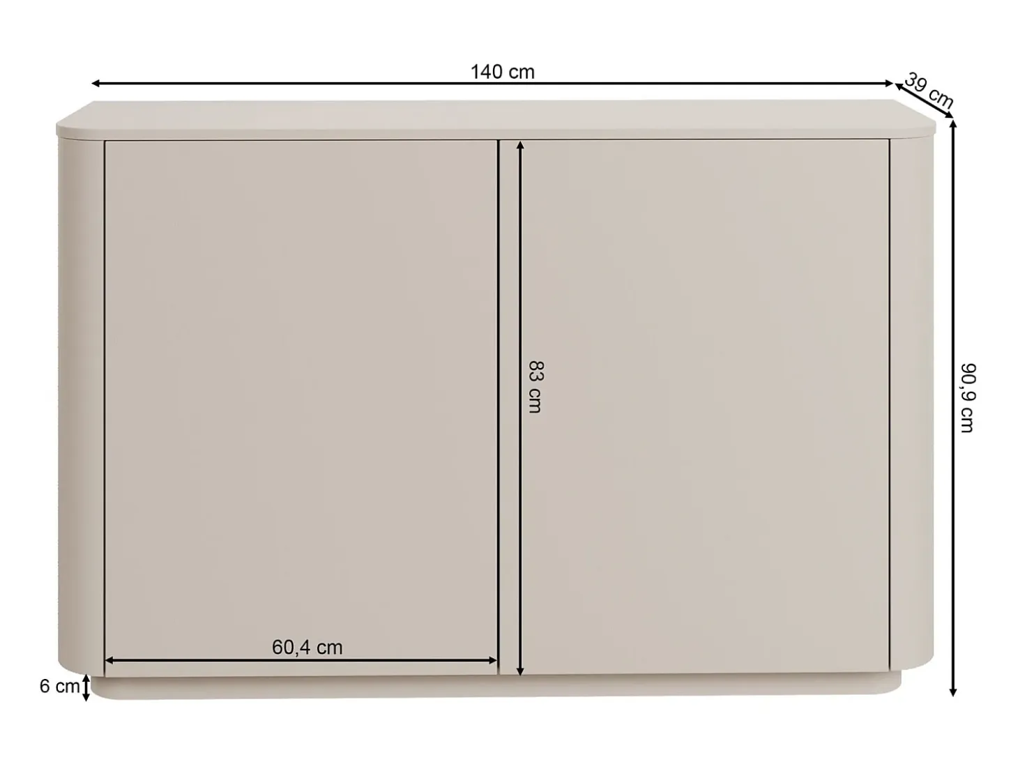 Aparador de 2 puertas – bordes redondeados – 140 cm – gris cachemira – LUVIO