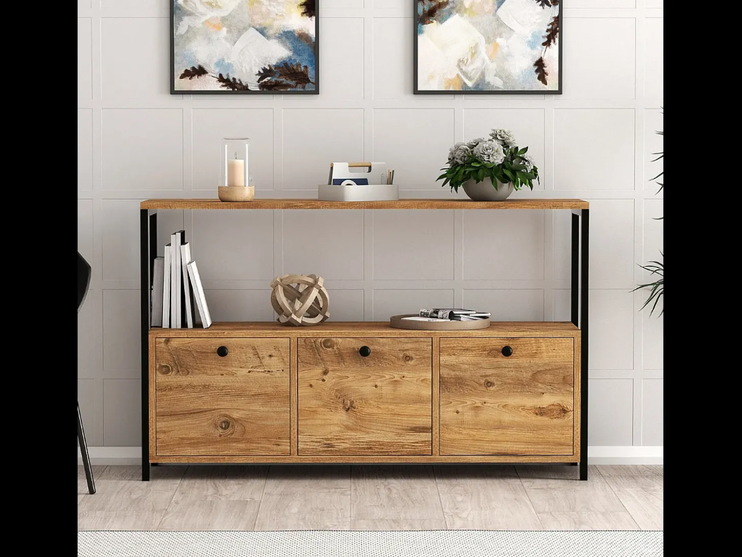 Aparador de 3 puertas estilo industrial madera/negro DRAGOR